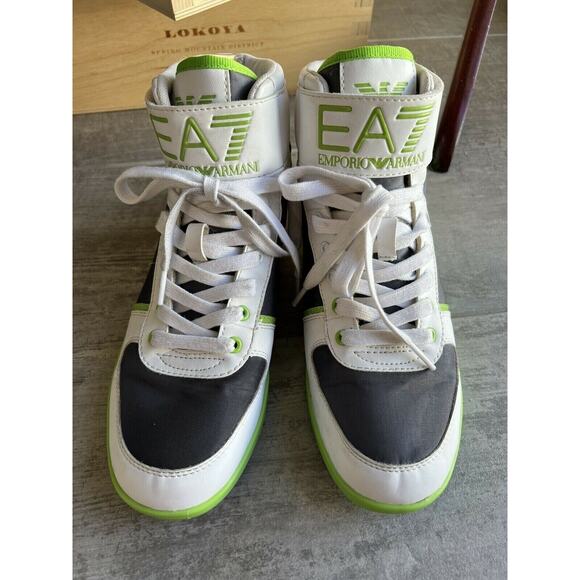 EA7 EMPORIO ARMANI High Top RARE Sneakers Shoes Men's 6.5 Designer White Lime - Picture 2 of 10